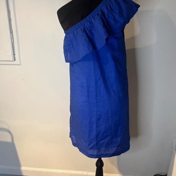J. Crew Ruffle One Shoulder Linen Blend Shift Dress Royal Blue Women's XS - Picture 3 of 7